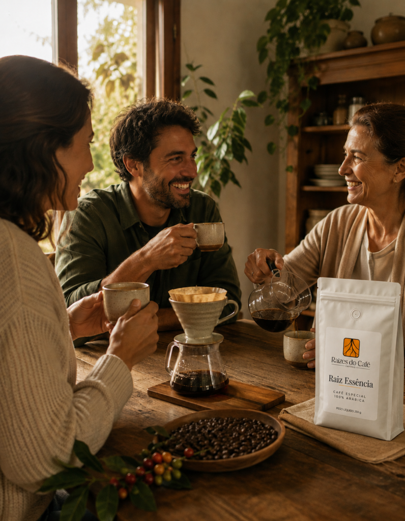 Família compartilhando café especial Raiz Essência ao redor da mesa