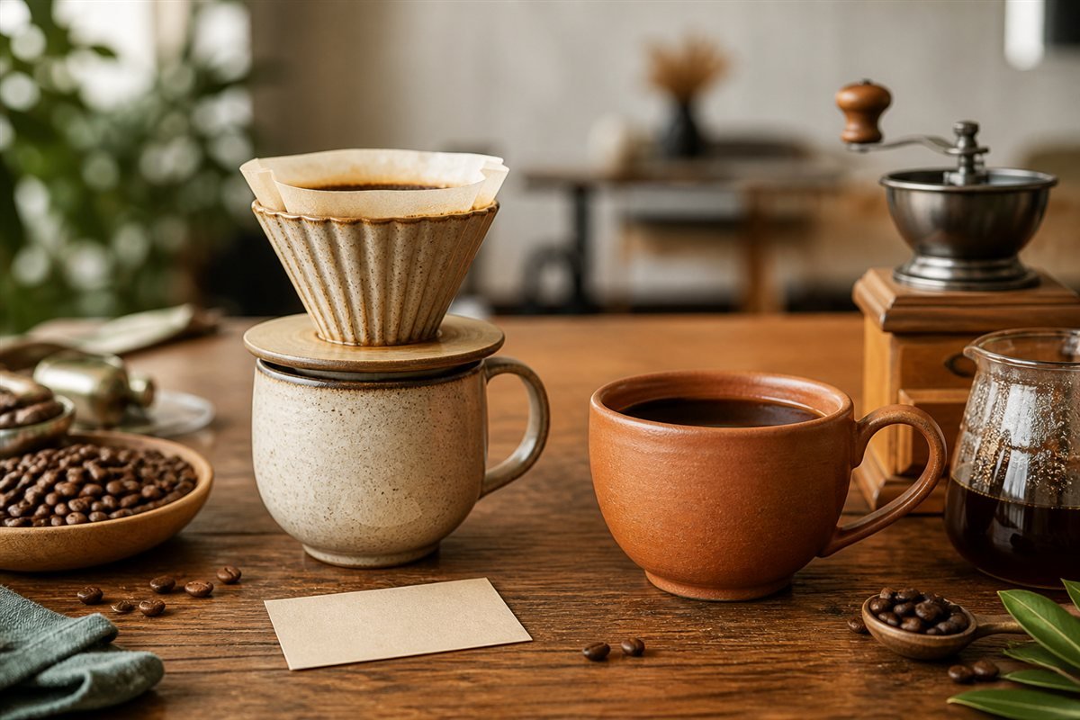 Comparação entre café especial e café tradicional em preparos convidativos sobre mesa de madeira