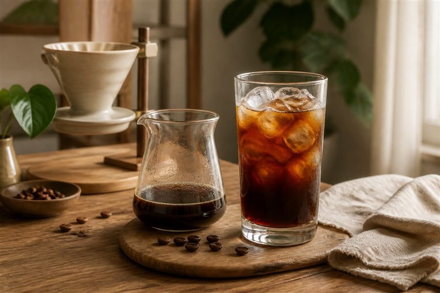 Café gelado especial servido com gelo, carafe e grãos de café em uma mesa elegante