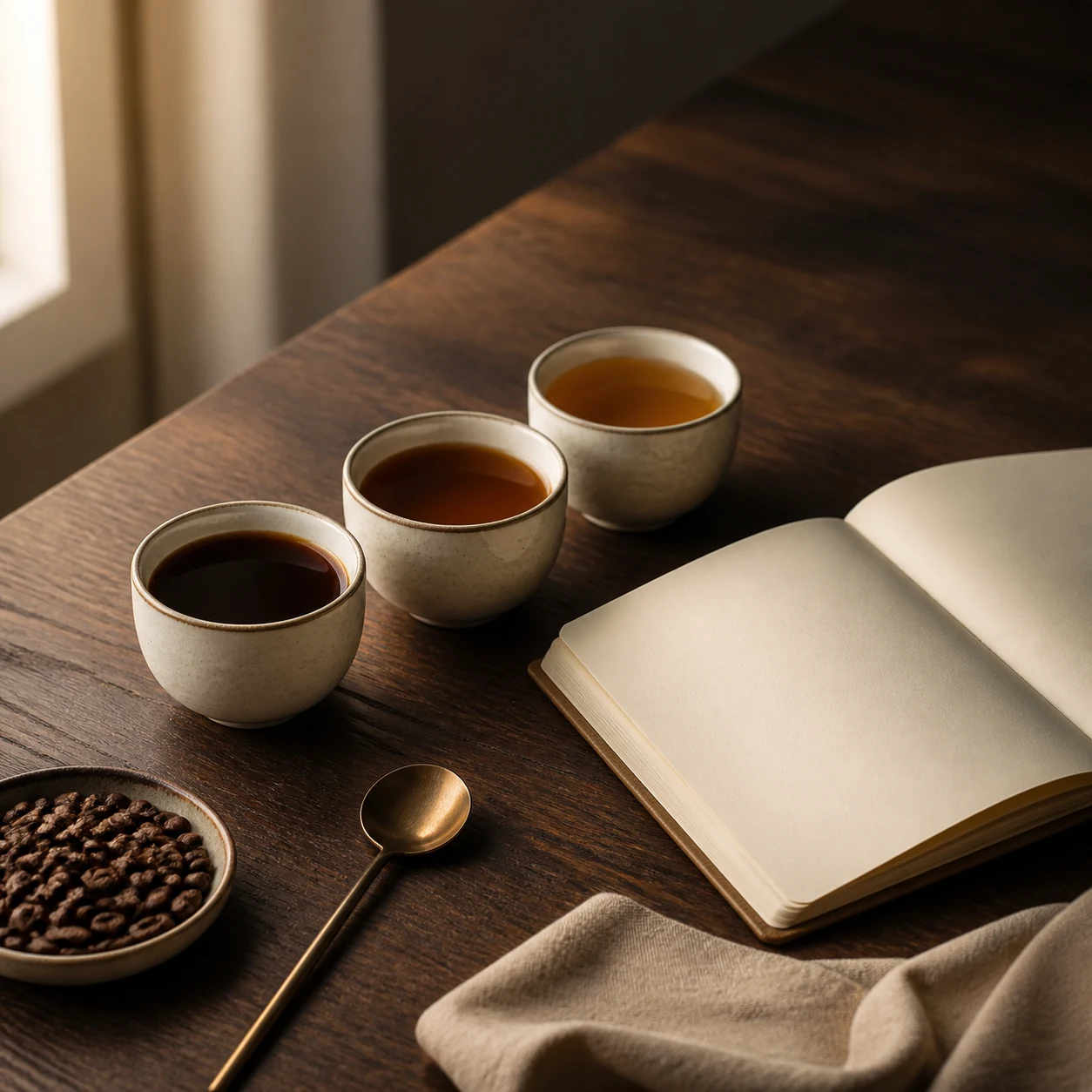 Degustação de cafés especiais com três xícaras, grãos e caderno aberto