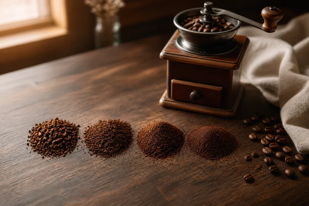 Quatro granulometrias de café ao lado de um moedor manual