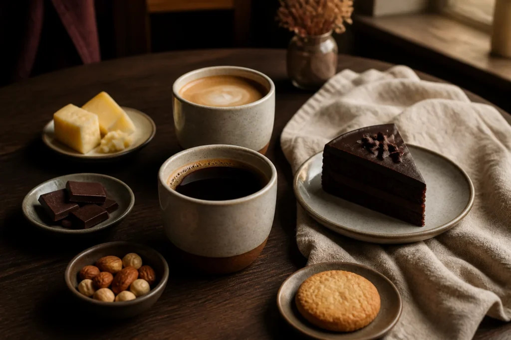 Cafés especiais harmonizados com chocolate, bolo, queijo e castanhas