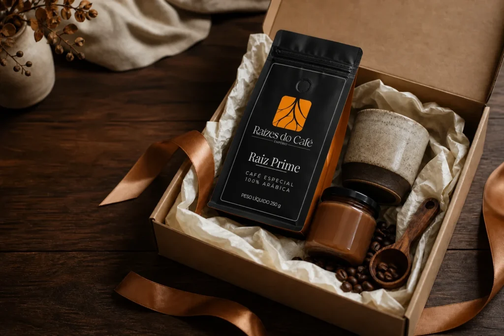 Kit de café para presente com embalagem Raiz Prime, caneca, doce e acessórios
