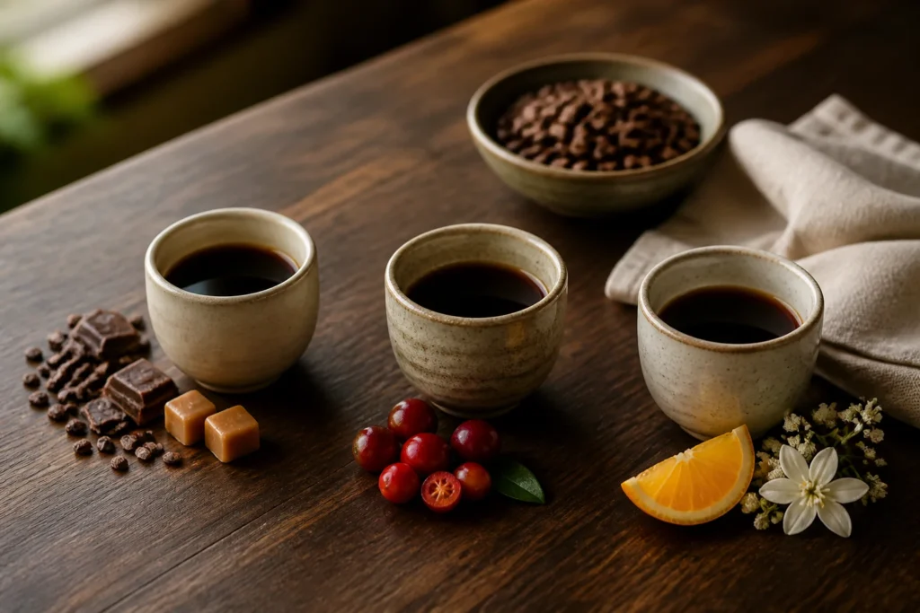 Degustação de três cafés com notas de chocolate, frutas e cítricos