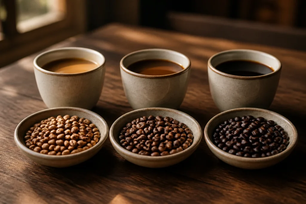 Comparação entre cafés de torra clara, média e escura